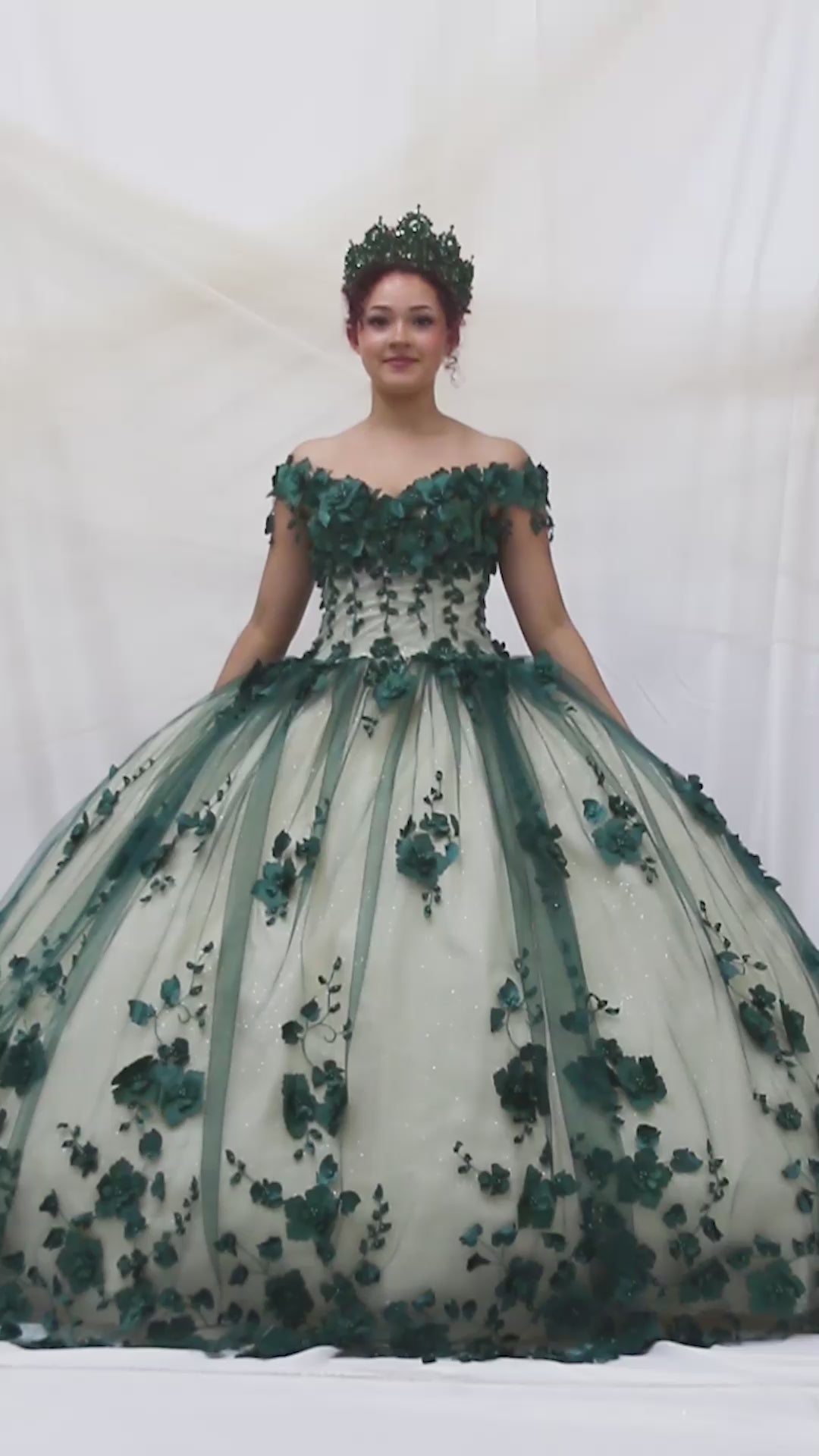 Video of Emerald Green Quinceañera Dress with 3D Floral Applique, Elegant Long Tail and Flowing Layered Train