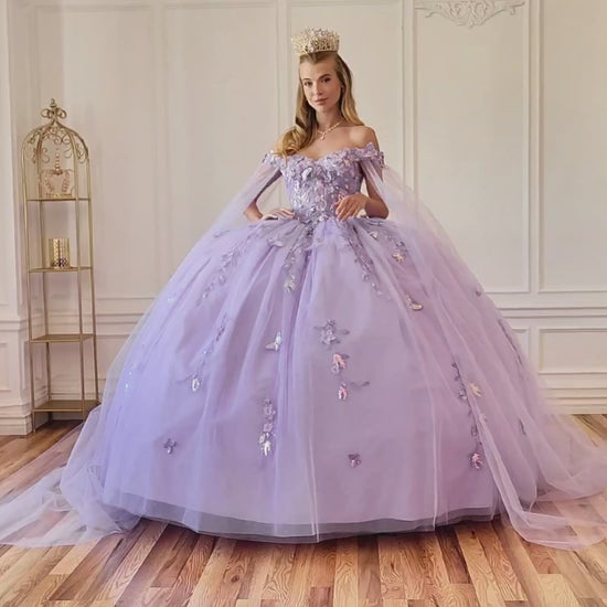 Quinceañera | Lilac Off-Shoulder Embossed Tulle Satin Two-Tone Sequin Floral Appliqué Bodice with Detachable Long Sleeves Train Sweet 15 Ball Gown | Roma J dress | 3 Colors Available video