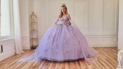 Quinceañera | Lilac Off-Shoulder Embossed Tulle Satin Two-Tone Sequin Floral Appliqué Bodice with Detachable Long Sleeves Train Sweet 15 Ball Gown | Roma J dress | 3 Colors Available video