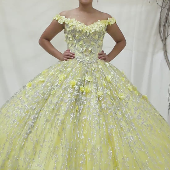 Video of Yellow Quinceañera Dress with Delicate Floral Appliques and Romantic Flowing Skirt