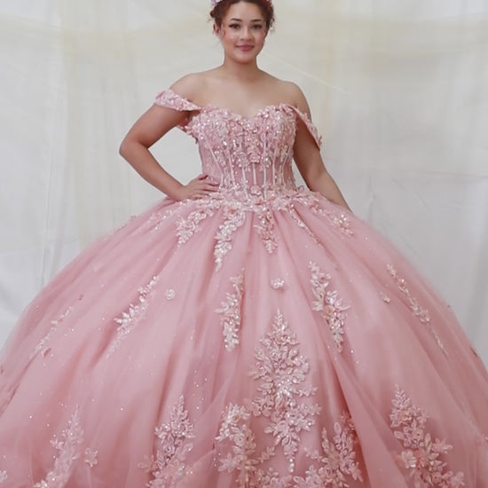 Video of Mauve Quinceañera Dress with 3D Floral Applique Beaded Embroidery and Sheer Glitter Tulle Skirt