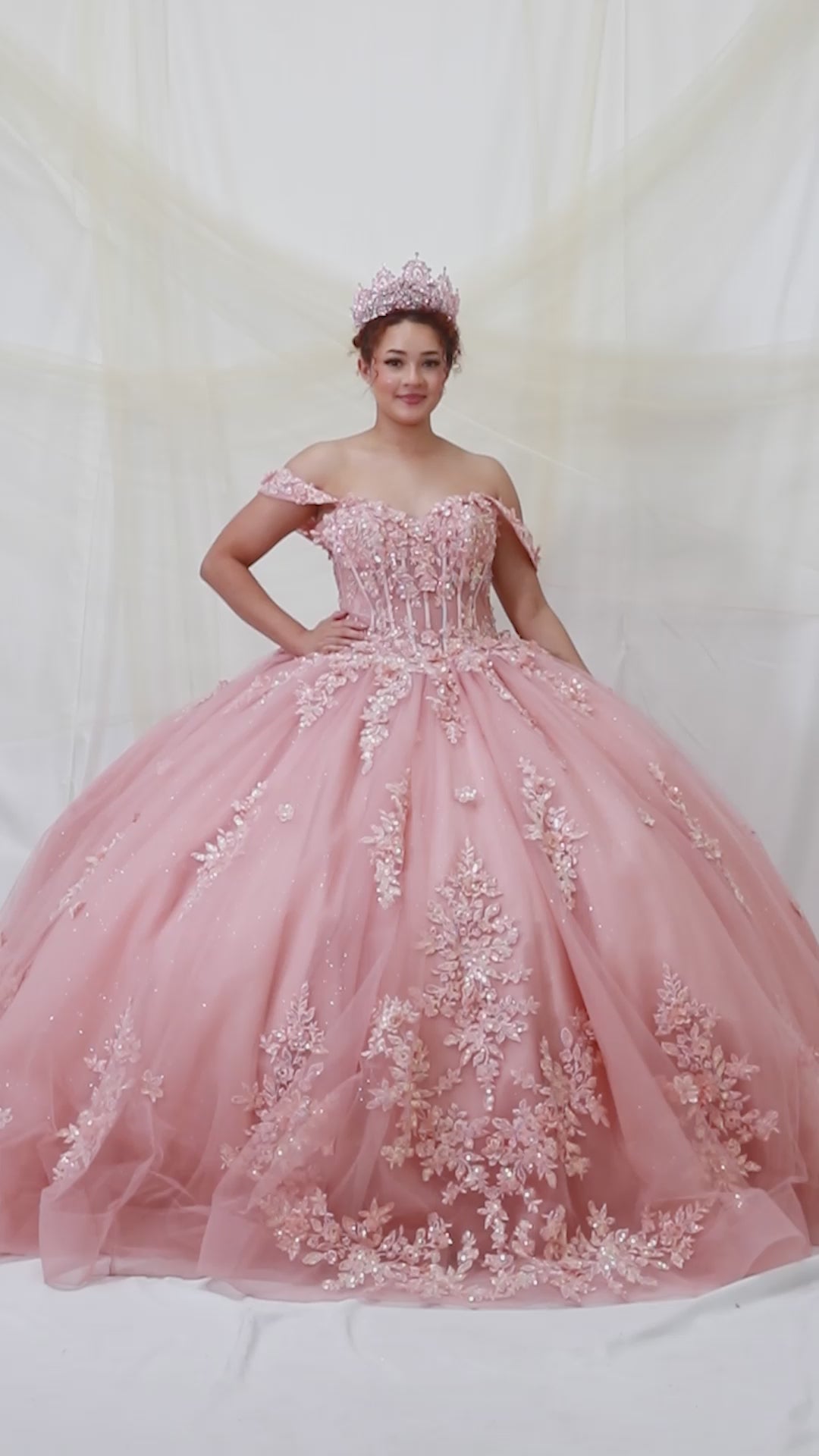 Video of Mauve Quinceañera Dress with 3D Floral Applique Beaded Embroidery and Sheer Glitter Tulle Skirt