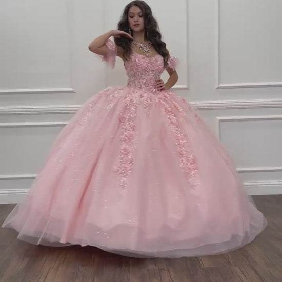 Quinceañera | Long Train, 3D Flowers, Rhinestones w/ Embroidered See-through Bodice Quince dress | Detachable Ruffle Sleeves | Analia dress video