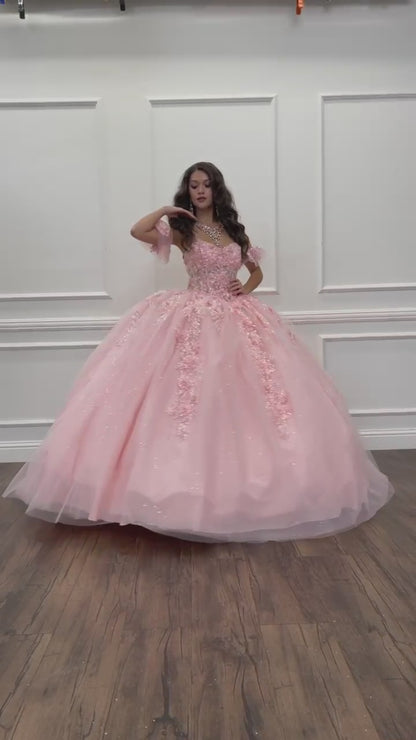 Quinceañera | Long Train, 3D Flowers, Rhinestones w/ Embroidered See-through Bodice Quince dress | Detachable Ruffle Sleeves | Analia dress video