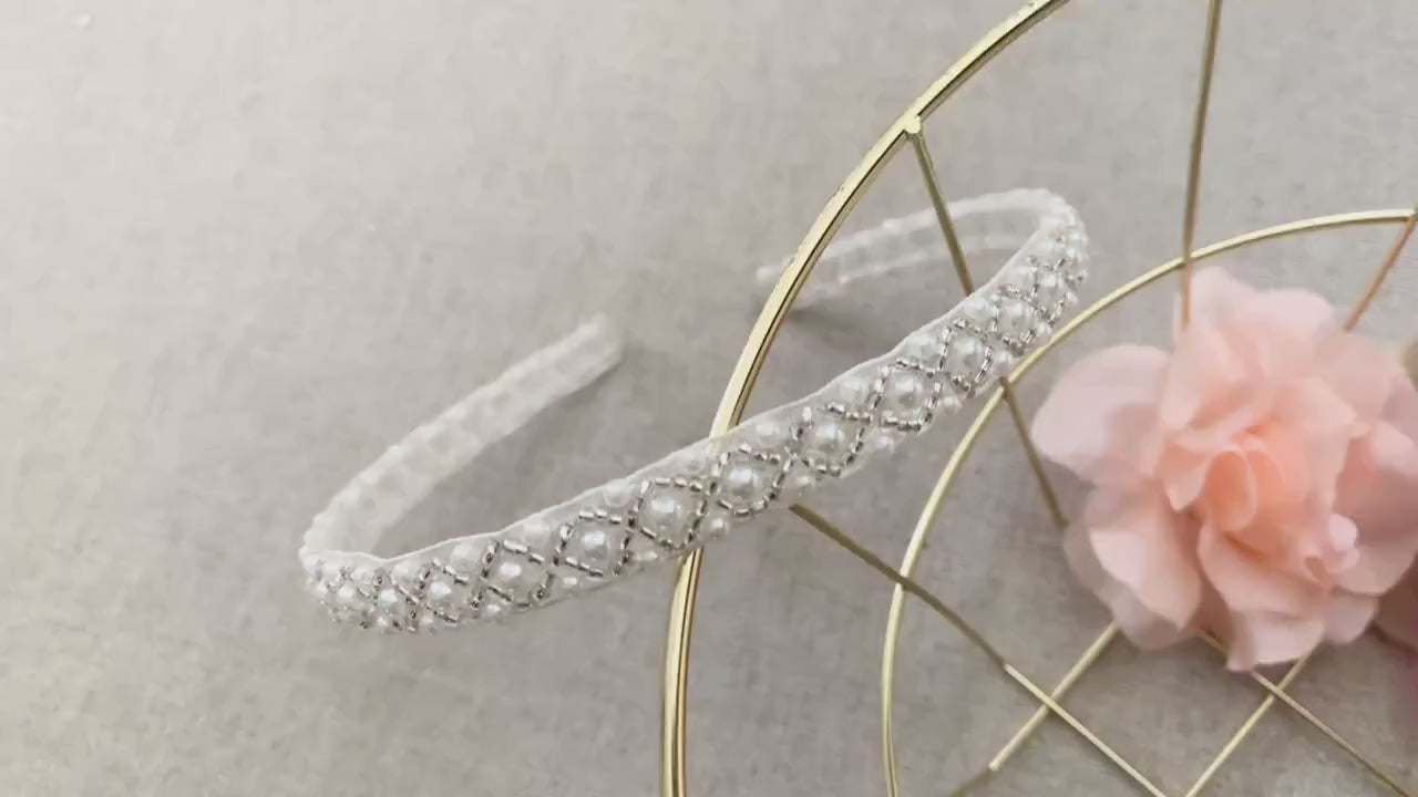 Handmade Pearl Flower Girl Headband - video of headband on metal basket