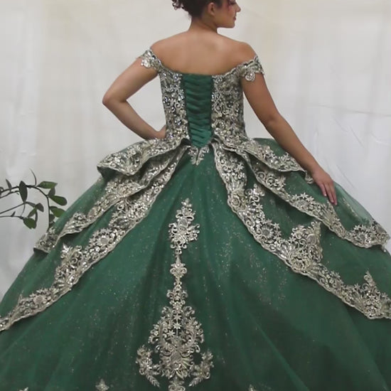 Video of Emerald green Quinceañera Dress with Embroidery Details and Layered Skirt