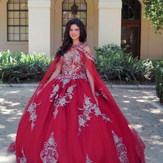 Quinceanera | Wine with Gold Embroidered Lace with Stunning Cape Quince Ballgown dress - video of woman wearing dress