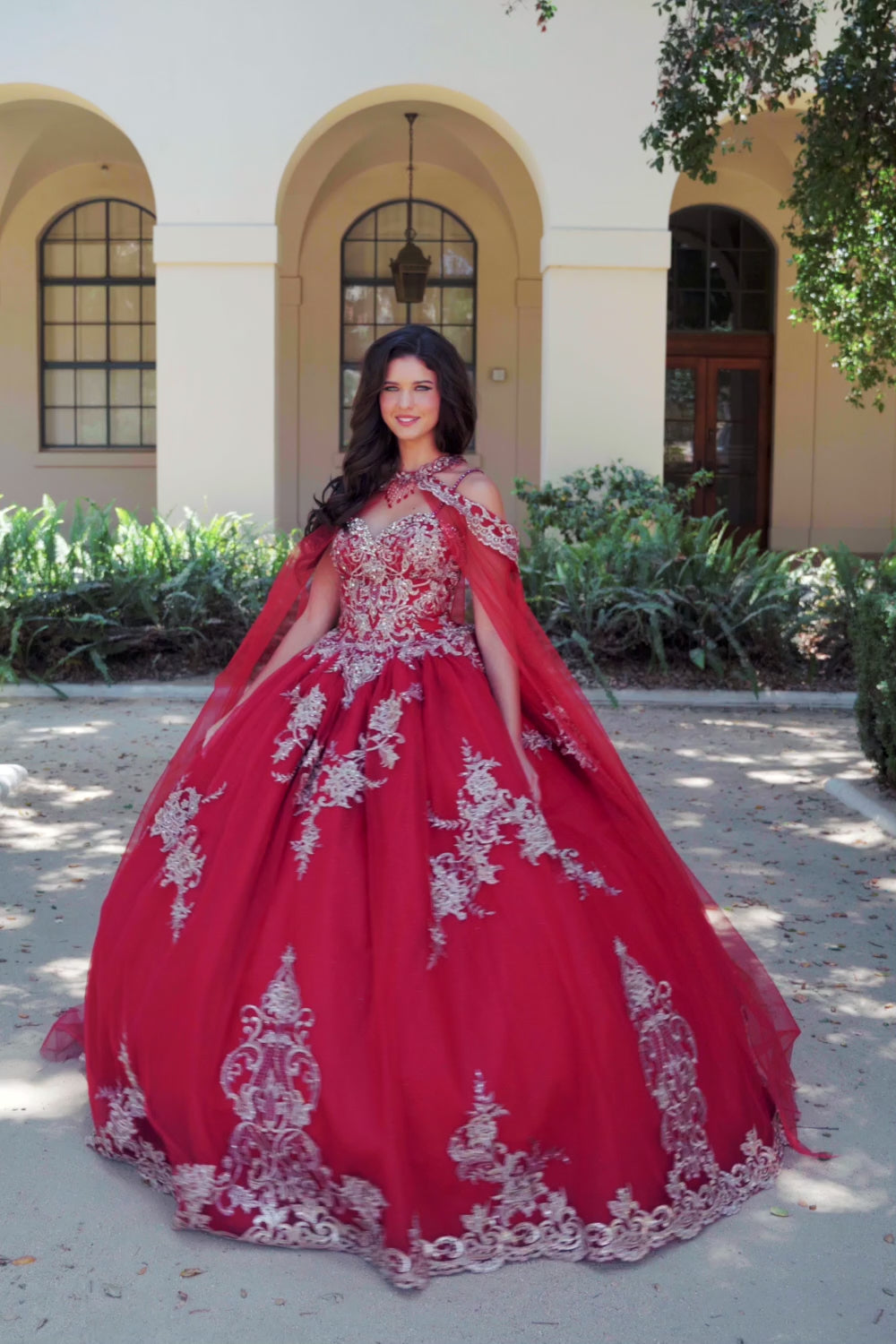 Quinceanera | Wine with Gold Embroidered Lace with Stunning Cape Quince Ballgown dress - video of woman wearing dress