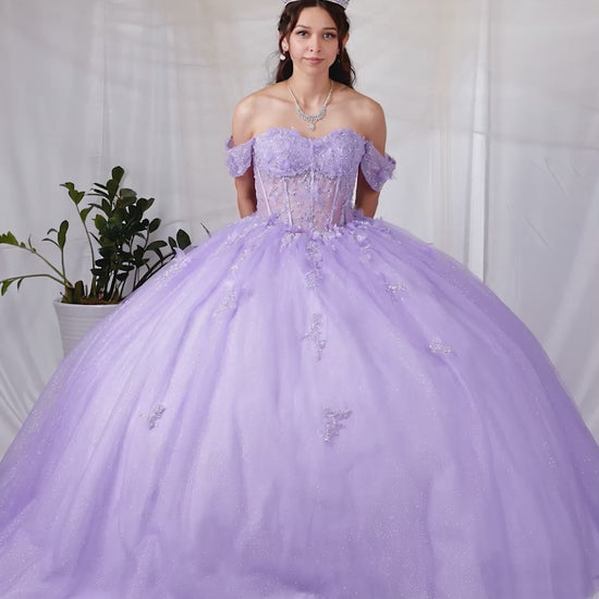 Video of Lilac Quinceañera Dress with 3D Butterfly Sheer Bodice and Sparkling Glitter Tulle Skirt