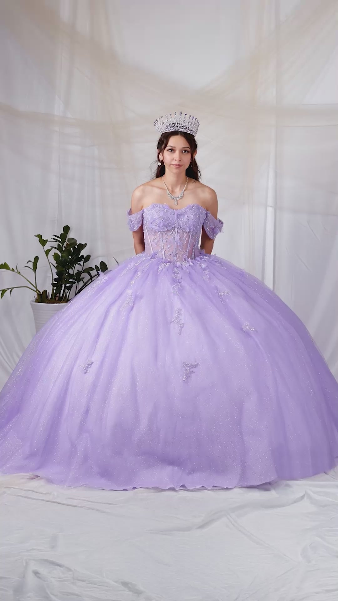 Video of Lilac Quinceañera Dress with 3D Butterfly Sheer Bodice and Sparkling Glitter Tulle Skirt