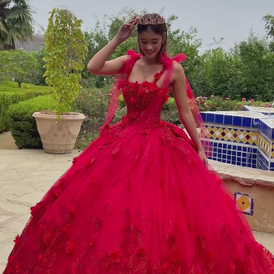 Quinceañera | Red 3D Flowers Glitter Underlayer Tie Straps Ball Gown with Detachable Bow | Estrella dress Video