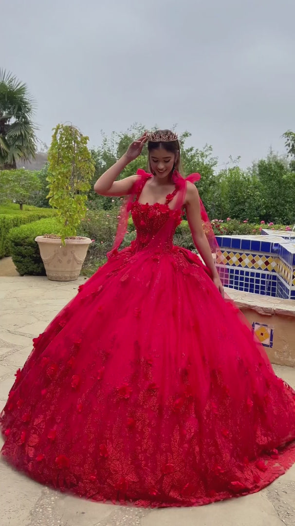 Quinceañera | Red 3D Flowers Glitter Underlayer Tie Straps Ball Gown with Detachable Bow | Estrella dress Video