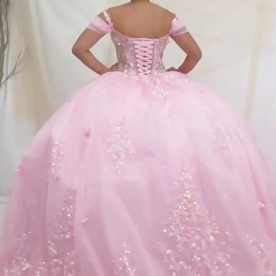 Video of Pink Quinceañera Dress with Illusion Corset Bodice, 3D Floral Applique and Beaded Embroidery