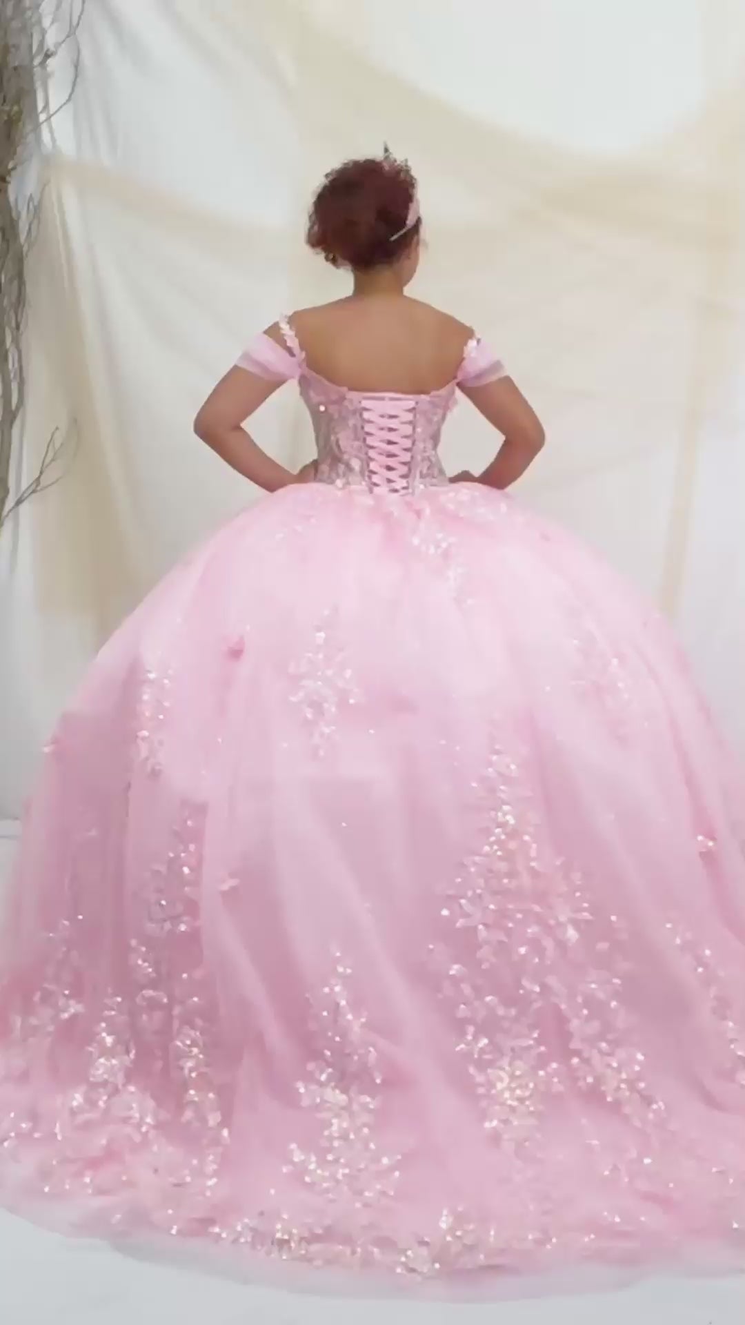 Video of Pink Quinceañera Dress with Illusion Corset Bodice, 3D Floral Applique and Beaded Embroidery