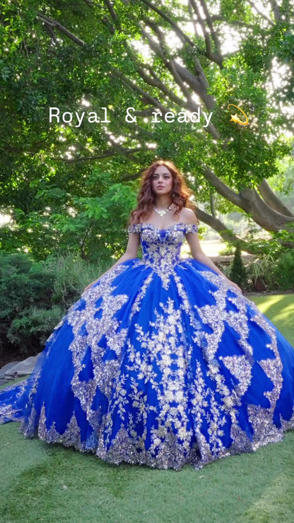Quinceañera | Blue Gold Dazzling Off-The-Shoulder Cathedral Quince Ball Gown with Detachable Train | Alondra dress