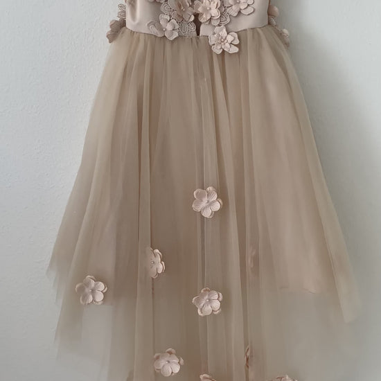 Champagne High-Low Tulle Dress with 3D Flower Lace Top Accentuated with Pearl Trim Flower Girl Dress | Flower Girl Dress - video of dress on hanger