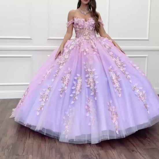 Quinceanera | Blush-Lilac Ombre See-through 3D Iridescent Sequin Flower Detail Glitter Tulle Quince Ballgown | Luzia dress VIDEO