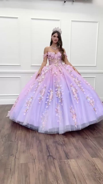 Quinceanera | Blush-Lilac Ombre See-through 3D Iridescent Sequin Flower Detail Glitter Tulle Quince Ballgown | Luzia dress VIDEO