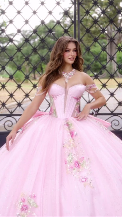 Pink Quinceañera Dress with Deep V Corset, Beaded Floral Embroidery and Glitter Tulle Skirt