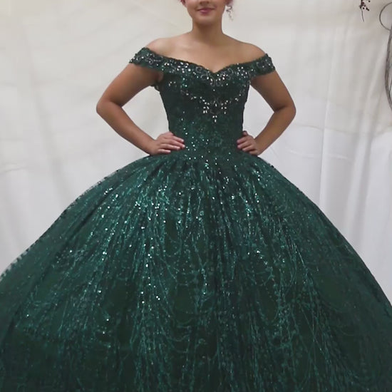 Video of Emerald Green Quinceañera Dress with Glitter Sequins, Layered Skirt and Detachable Flowing Cape