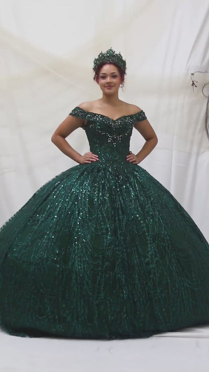 Video of Emerald Green Quinceañera Dress with Glitter Sequins, Layered Skirt and Detachable Flowing Cape