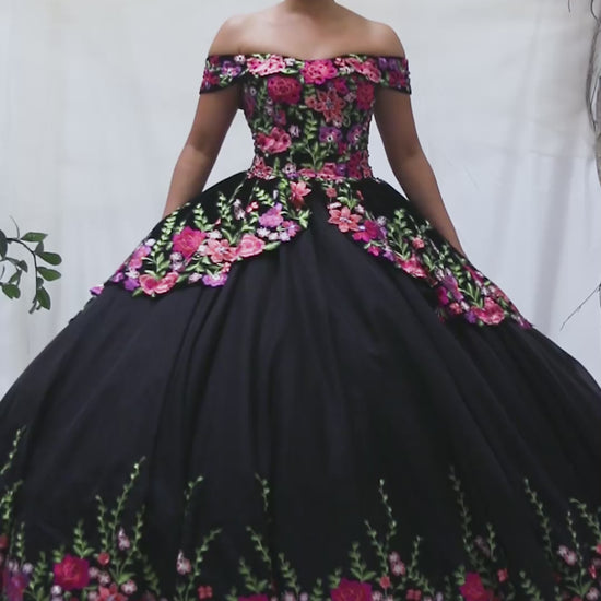 Video of Black Velvet Charro Quinceañera Dress Embellished with All-Around Floral Embroidery