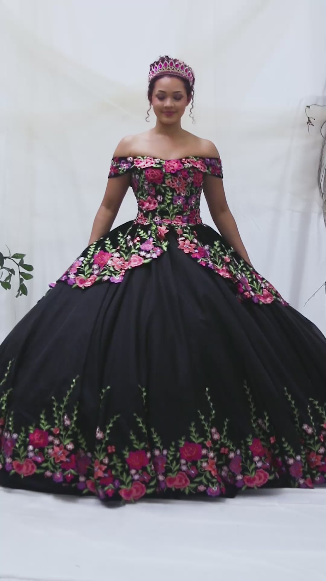 Video of Black Velvet Charro Quinceañera Dress Embellished with All-Around Floral Embroidery