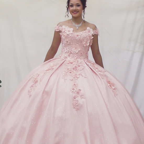 Video of Blush Quinceañera Dress with 3D Flower Appliques and Glittered Skirt