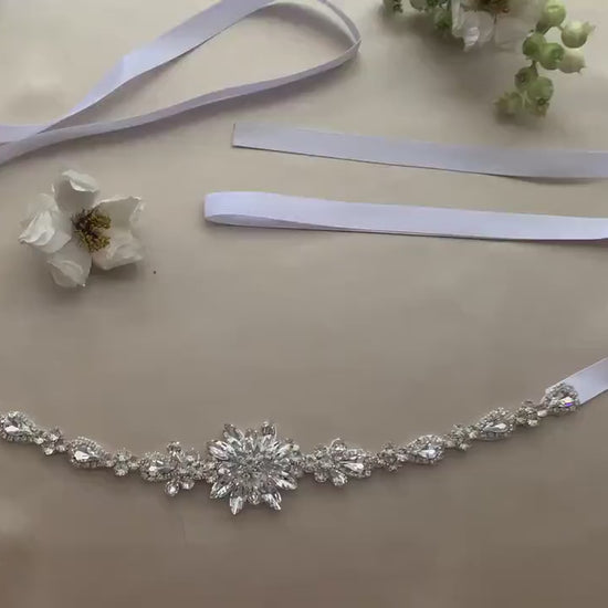 Handmade Beautiful Flower Girl Crystal Rhinestone Sash Belt - video of crystal belt sash