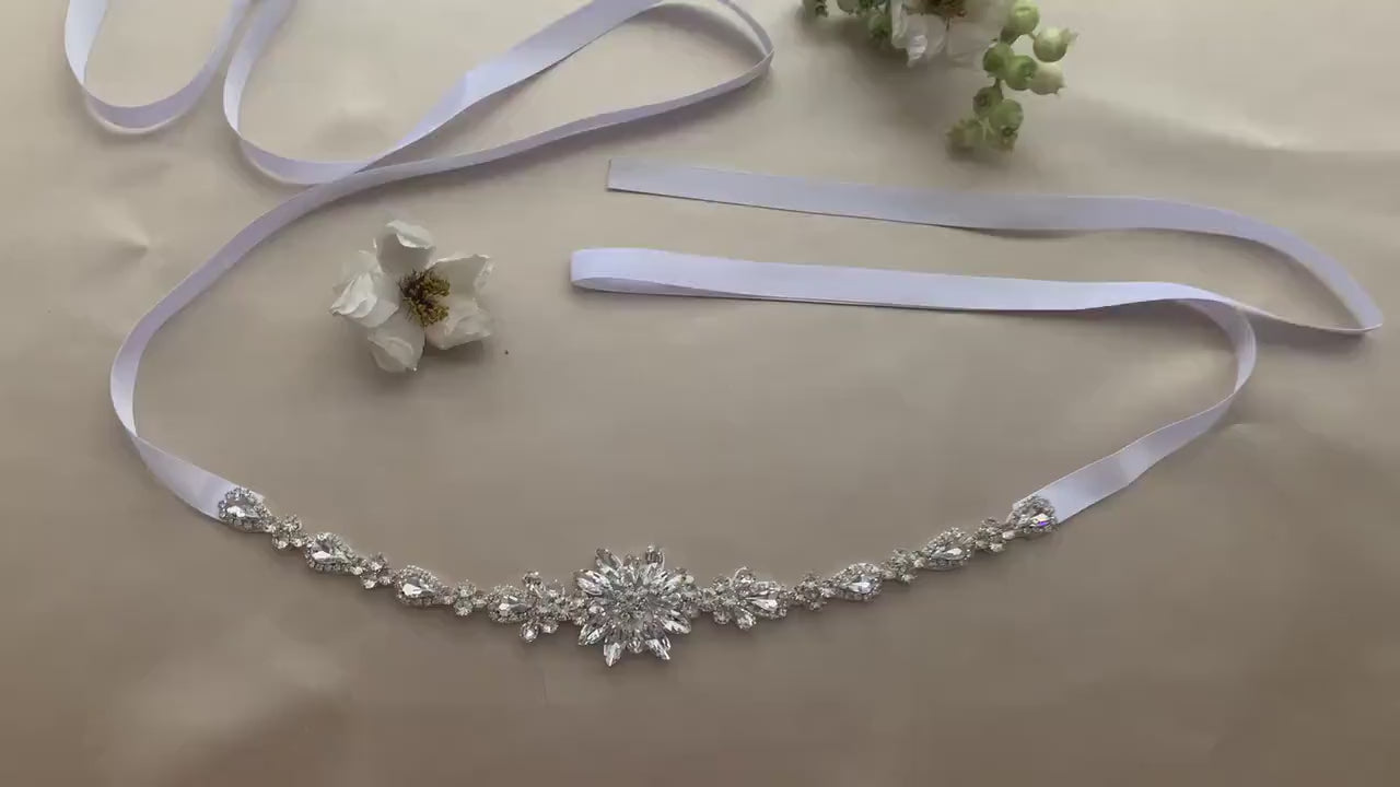 Handmade Beautiful Flower Girl Crystal Rhinestone Sash Belt - video of crystal belt sash