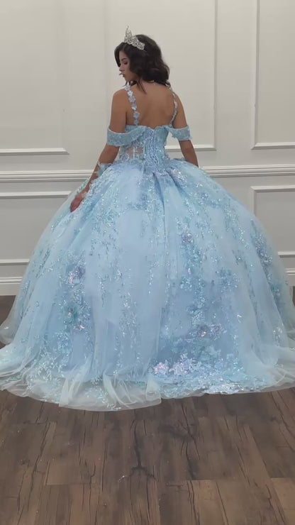 Quinceanera | Light Blue 3D Floral Ballgown with Sparkling Rhinestones, Shimmering Sequins, and Detachable Sleeves | Triana dress | 2 Colors Available