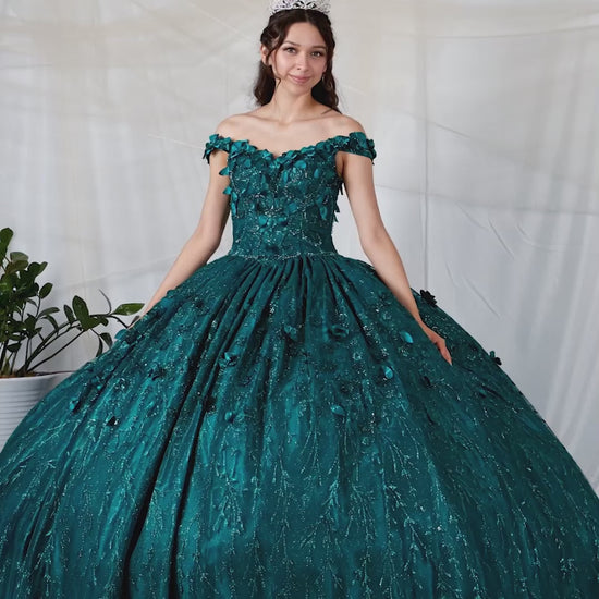 Video of Green Quinceañera Dress with 3D Floral Appliques and Detachable Sheer Flowing Cape