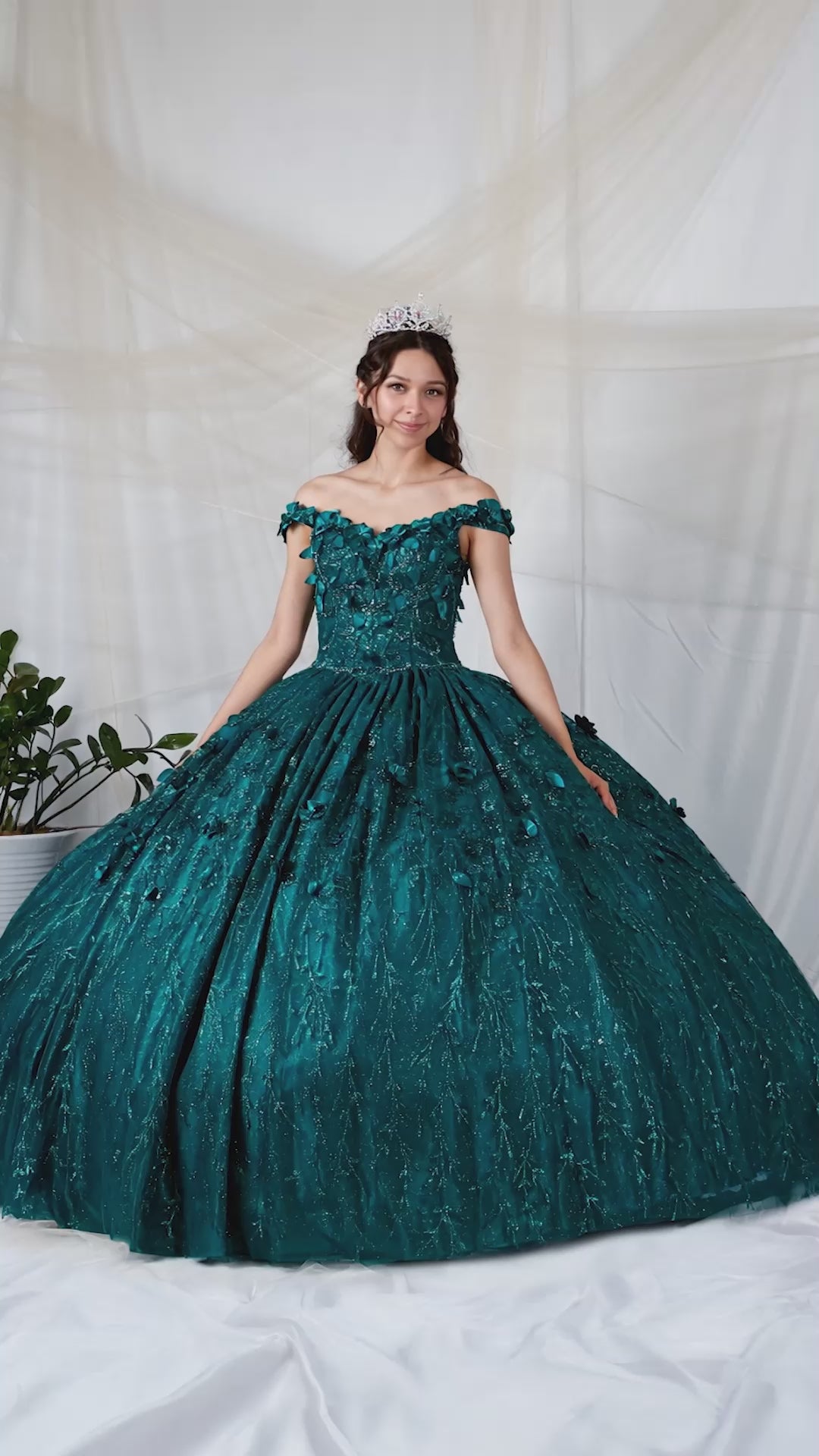 Video of Green Quinceañera Dress with 3D Floral Appliques and Detachable Sheer Flowing Cape