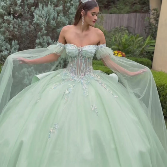Quinceañera | Sage Ball Gown with Off-Shoulder Straps and Detachable Satin Bow | Fidela dress Video