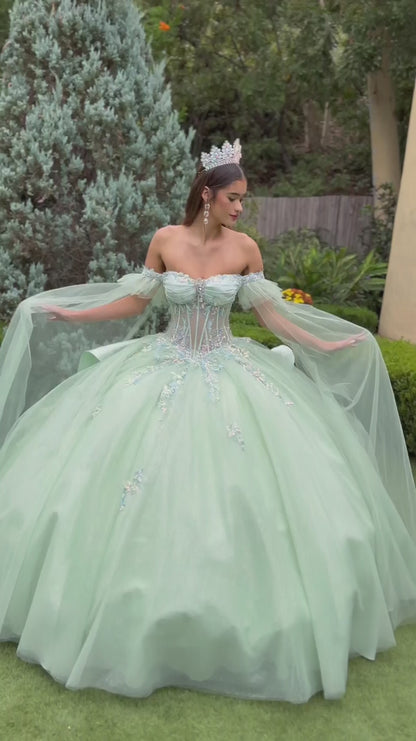 Quinceañera | Sage Ball Gown with Off-Shoulder Straps and Detachable Satin Bow | Fidela dress Video