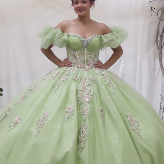 Video of Lime Quinceañera Dress  with Illusion Corset Boning, Ruffled Straps and Sweep Train A-line Skirt