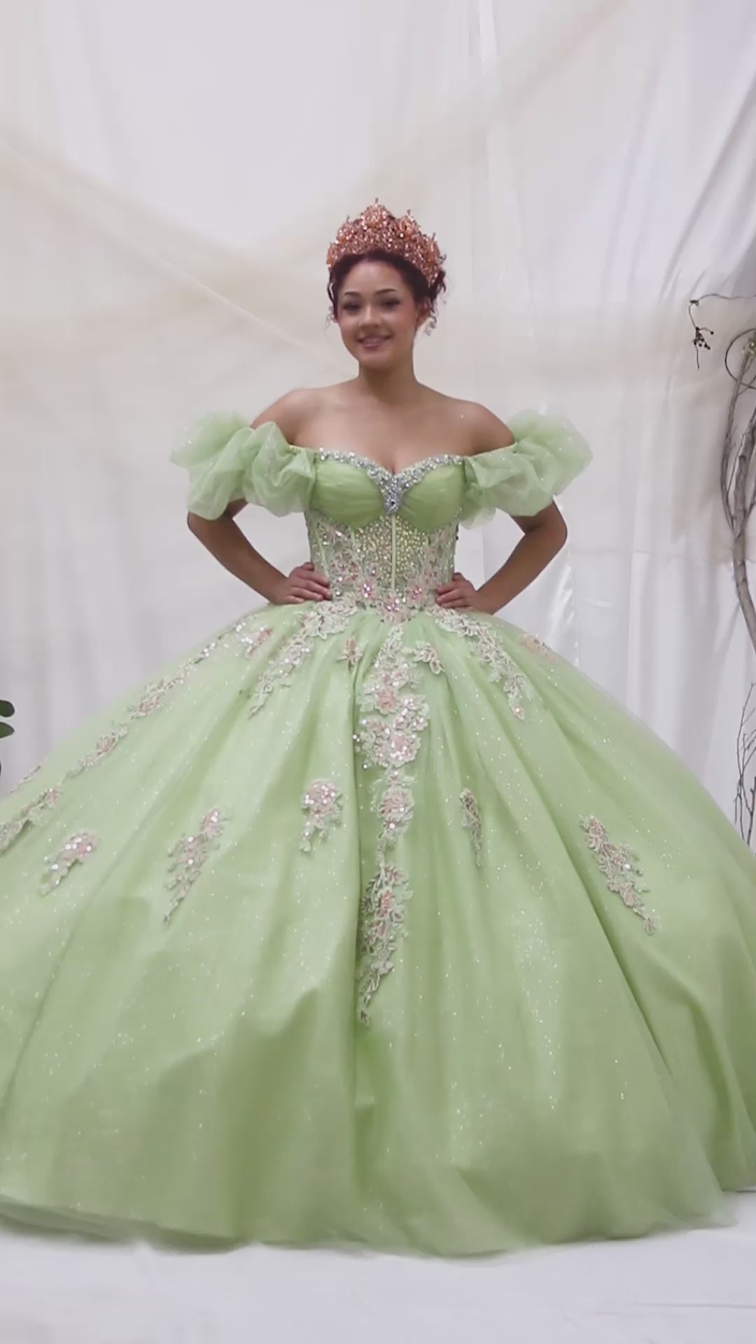 Video of Lime Quinceañera Dress  with Illusion Corset Boning, Ruffled Straps and Sweep Train A-line Skirt