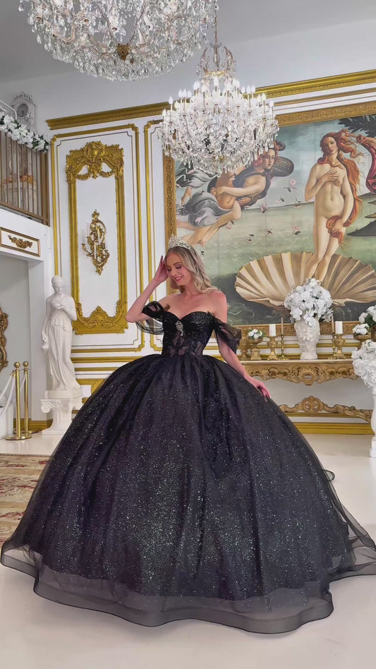 Quinceañera | Black Sweetheart Ball Gown with Sheer Bodice and Lace Embellished Glitter Mesh Skirt | Citlali dress videos