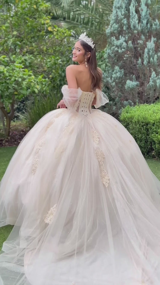 Quinceañera | Champagne Sweetheart Ball Gown with Sheer Bodice and Lace Embellished Glitter Mesh Skirt | Citlali dress Video