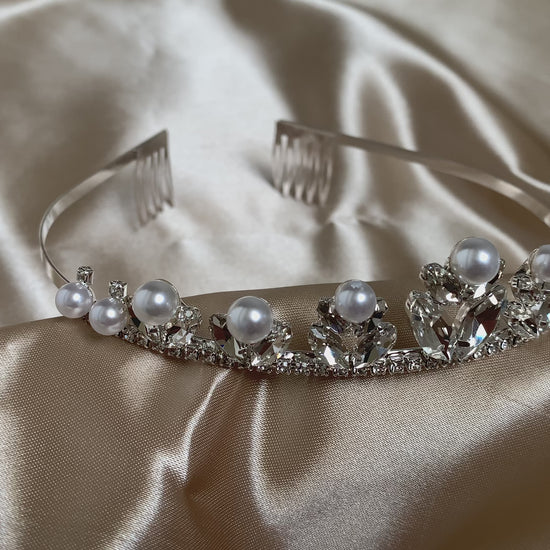 Flower Girl Big Pearl Rhinestone Crystal Tiara | First Communion Tiara | Crystal Flower Girl Headpiece - video