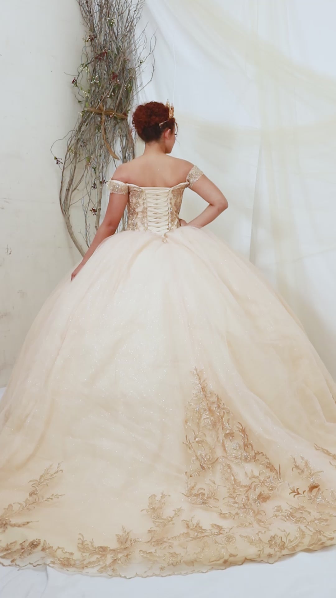 Video of Champagne Quinceañera Dress with Gold Embroidered and Glitter Tulle Overlay Skirt