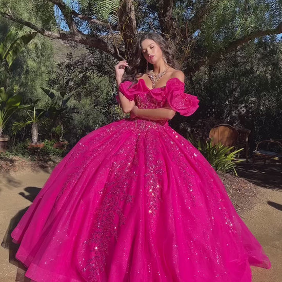 Quinceañera | Hot Pink Sequin Ruffle Glittering Quince Ballgown with Sweep Train | Azora dress video