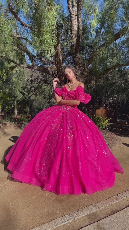 Quinceañera | Hot Pink Sequin Ruffle Glittering Quince Ballgown with Sweep Train | Azora dress video