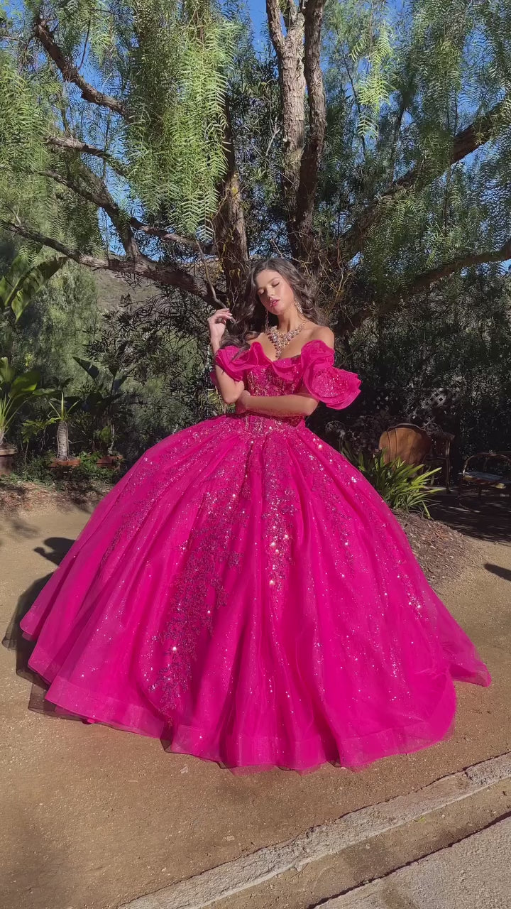 Quinceañera | Hot Pink Sequin Ruffle Glittering Quince Ballgown with Sweep Train | Azora dress video