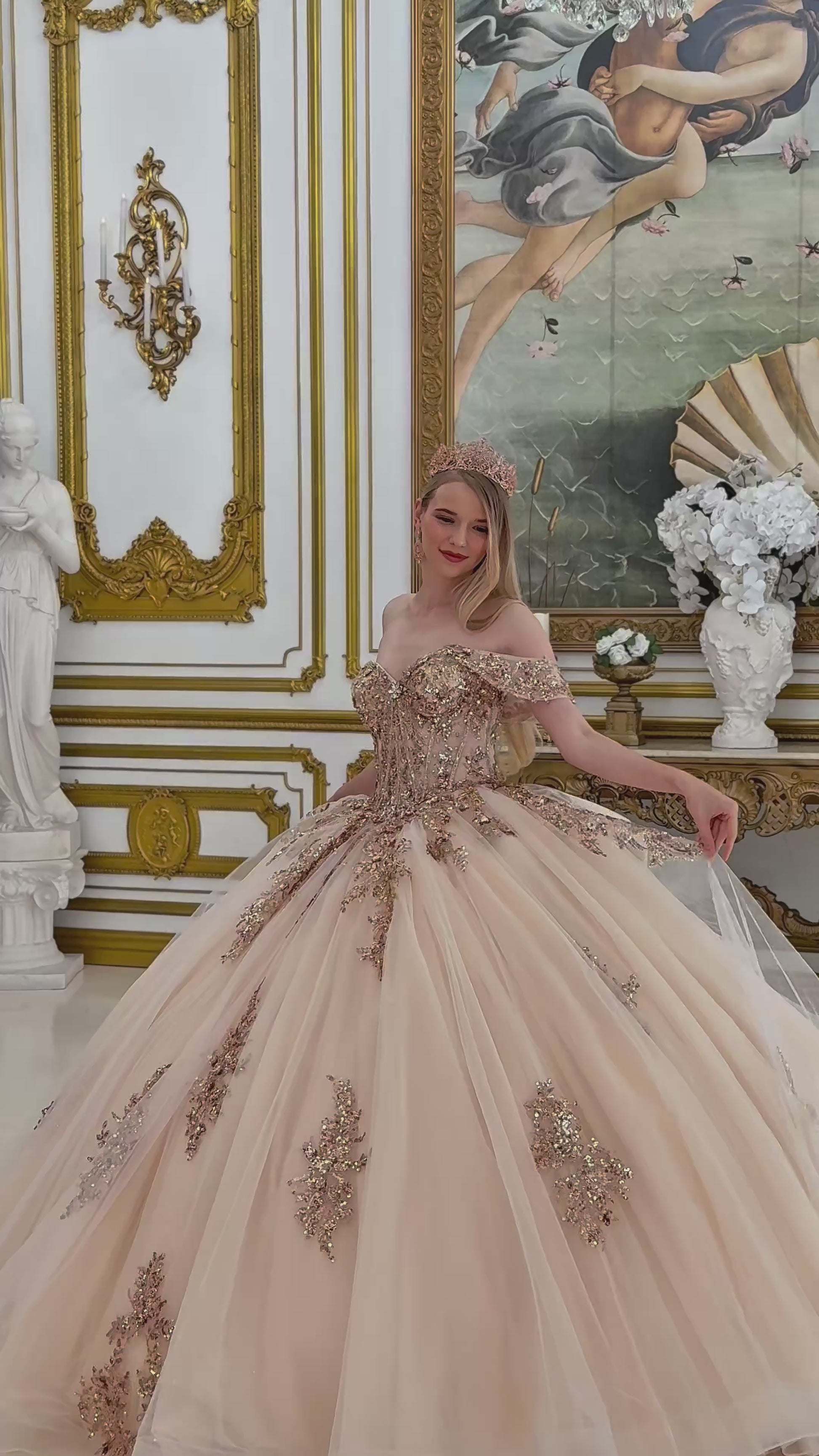 girl wearing champagne dress video