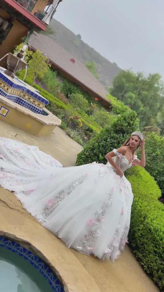 Quinceañera | Off-White/Pink Ball Gown with 3D Flower Appliques and Cold-Shoulder Sleeves | Eulalia dress Video