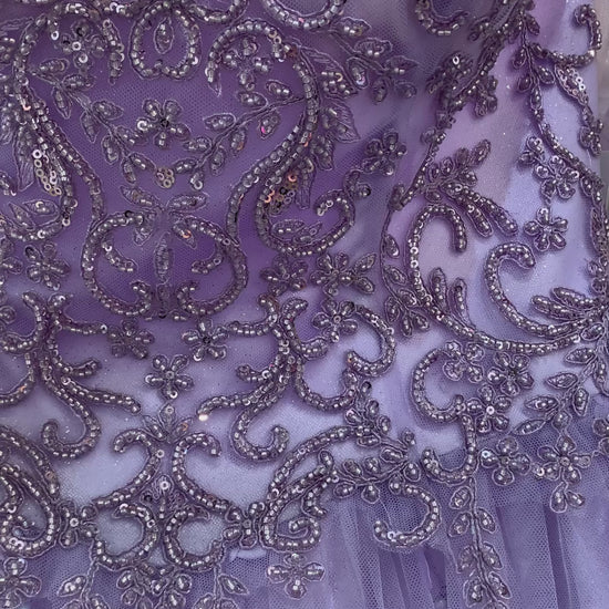 Lilac Quinceanera | Elegant 3D Stone & Pearl Embellishments, Floral Appliques Ball Gown with Detachable Cape - video of dress