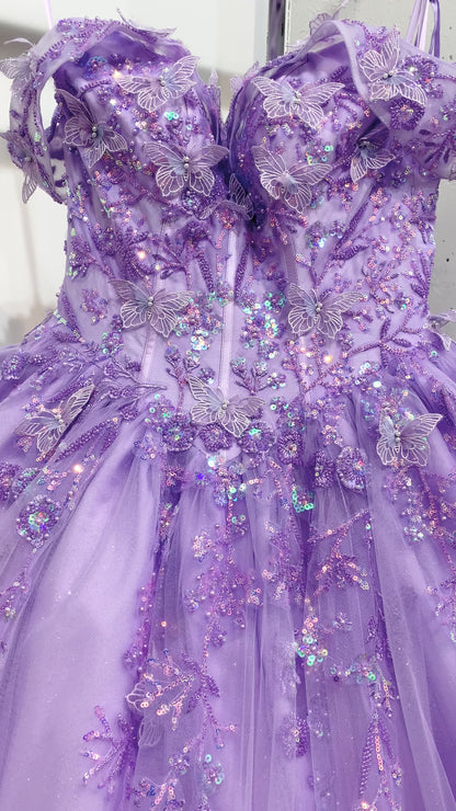 Quinceañera | Lilac Off-Shoulder Bead-Embroidered Bodice with Glitter Tulle and Sequin Appliqués Sweet 15 Ball Gown with Sweep Train | Mariana dress video