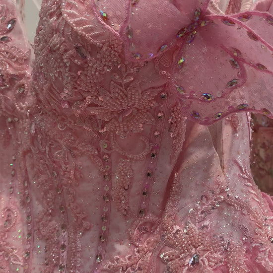 Quinceañera | Blush Off-Shoulder Beaded Bodice with Crafted Lace Butterfly and Floral Appliqué Sweet 15 Ballgown | Martina J dress | 8 Colors Available video