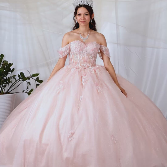 Video of Pink Quinceañera Dress with 3D Butterfly Sheer Bodice and Sparkling Glitter Tulle Skirt